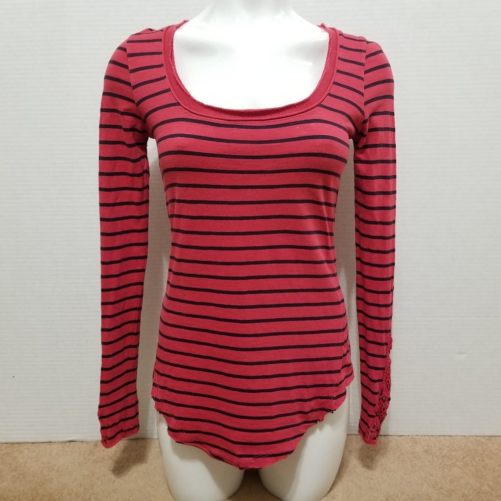 Free People top Small Hard Candy Stripe Cuff beaded crochet inset cuff raw hems